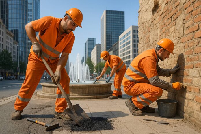 Il lavoro degli addetti alla manutenzione urbana: strade, fontane, mura