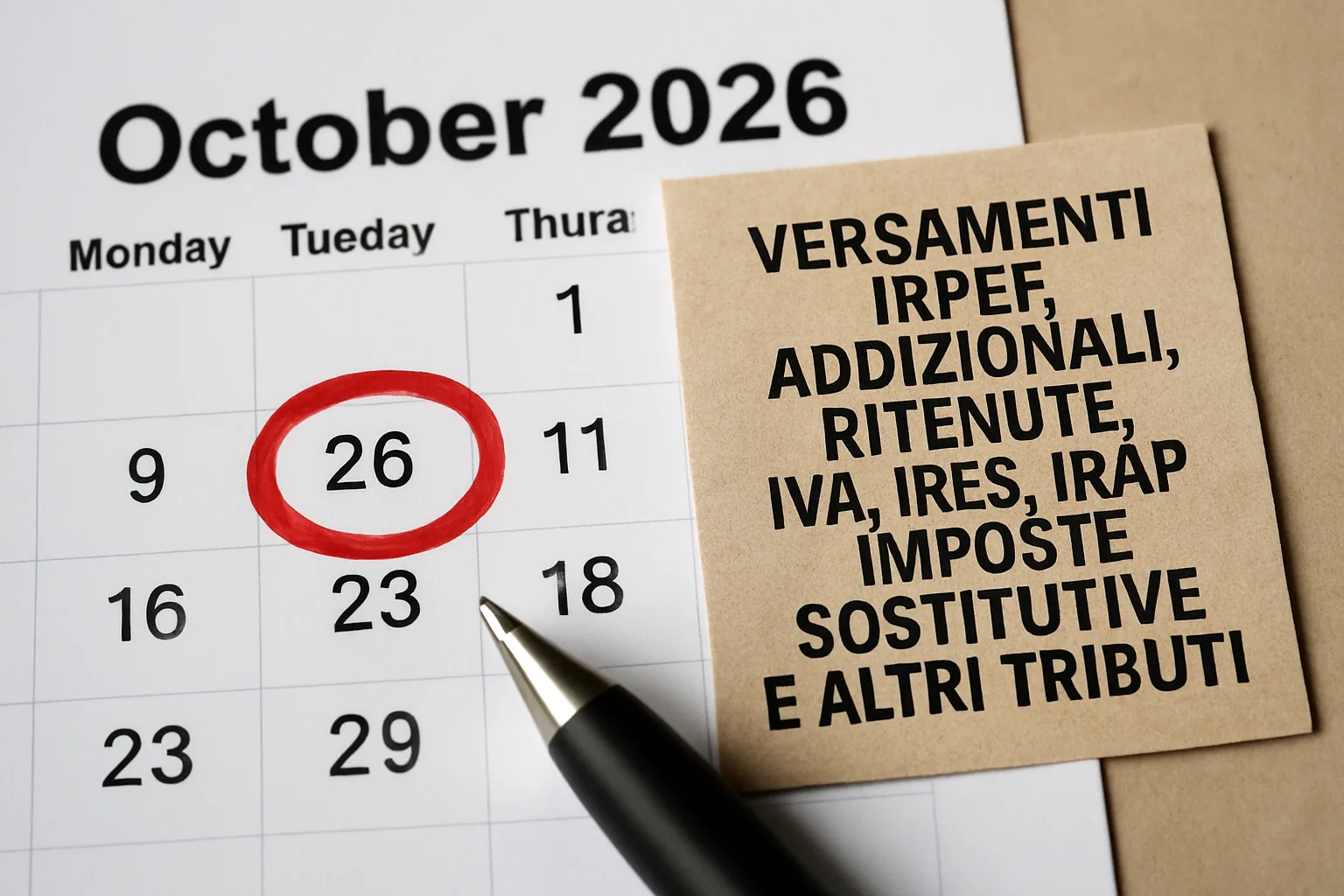 Versamenti fiscali del 26 ottobre 2026: scadenze e tributi